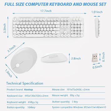 Wireless Keyboard Mouse Combo, 104 Keys Cute White Keyboard with Number Pad & Mouse for Windows, Computer, PC, Notebook, Laptop (White)