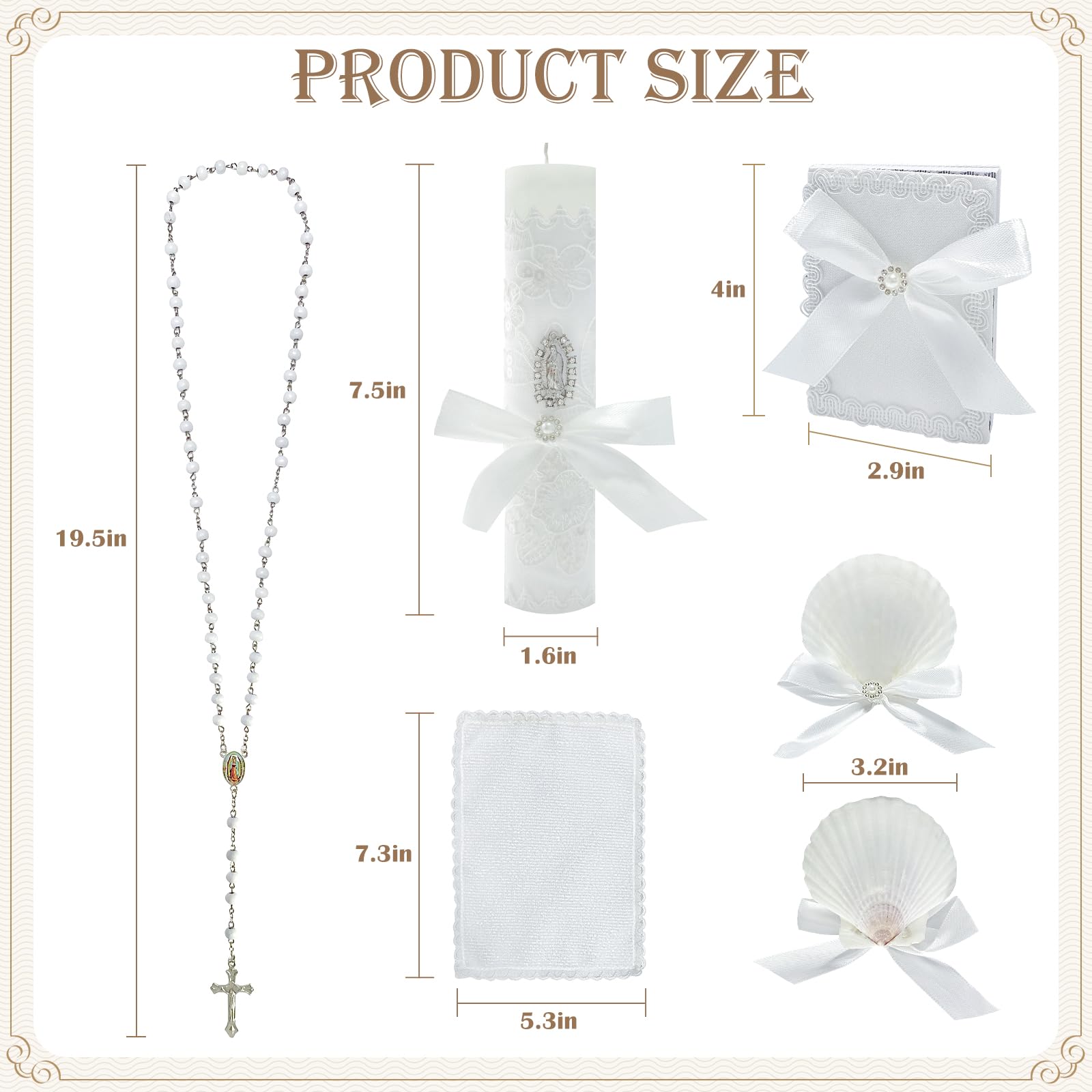 Brilucky Taufkerzen-Set für Jungen und Mädchen weiß 5-teiliges Tauf-Set Virgen De Guadalupe katholische Kerze Tauftuch Taufmuschel Rosenkranz Bibel für Baby-Widmung Taufgeschenk Velas para Bautizo