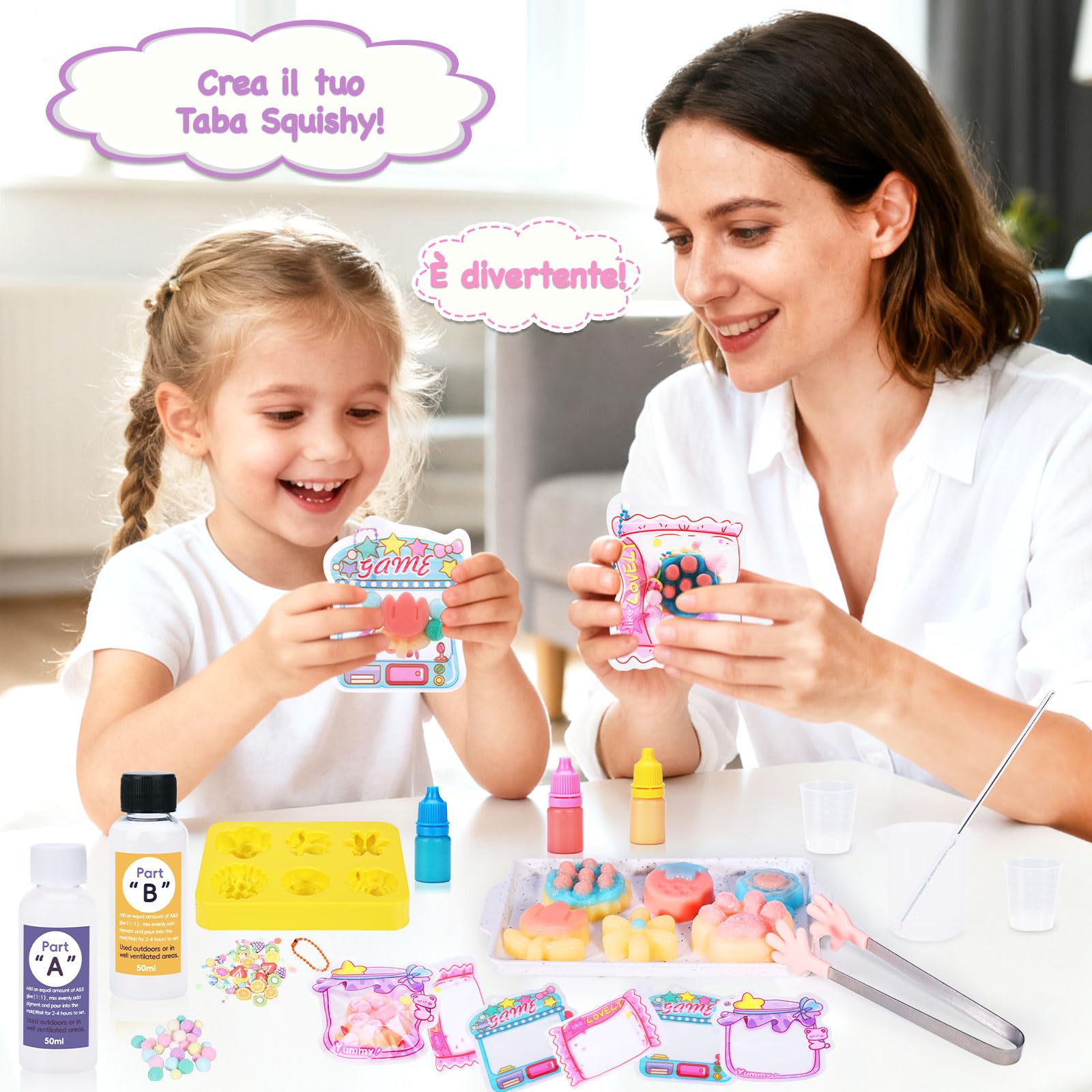 VBACALA 24 Pezzi Taba Squishy Kit Fai da Te,150g AB Silicone 1:1 Miscela Creare Taba Squishy Zampa, Fiori, Erba, Fragole, Pasticcini Squishy Antistress,Regalo Antistress Fai da Te per Bambini Adulti