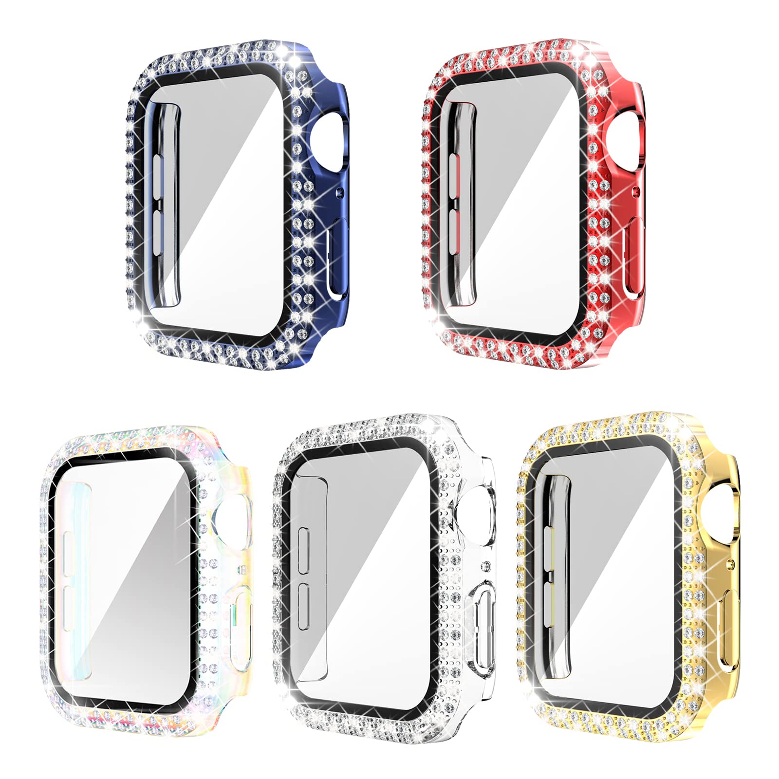 YUVIKE Bling Case Compatible with Apple Watch Series 6 5 4 SE 44mm Screen Protector, Diamonds Rhinestones Bling Cover with Tempered Glass Bumper 5 Colors Pack (44mm)