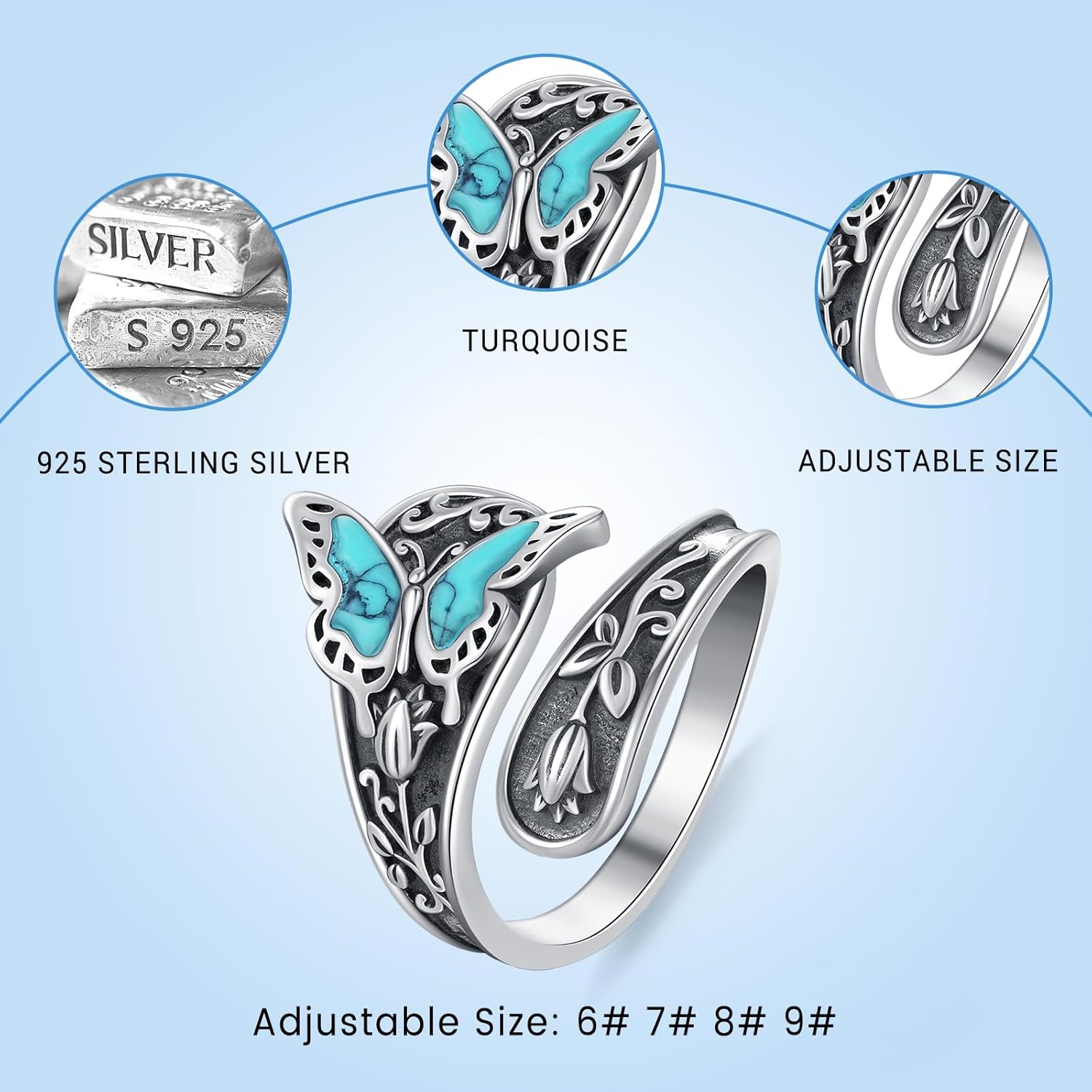 Sterling Silver Turquoise Rings for Women Vintage Spoon Rings for Men Adjustable Feather Rings Boho Thumb Rings Antique Statement Ring Jewelry Gifts