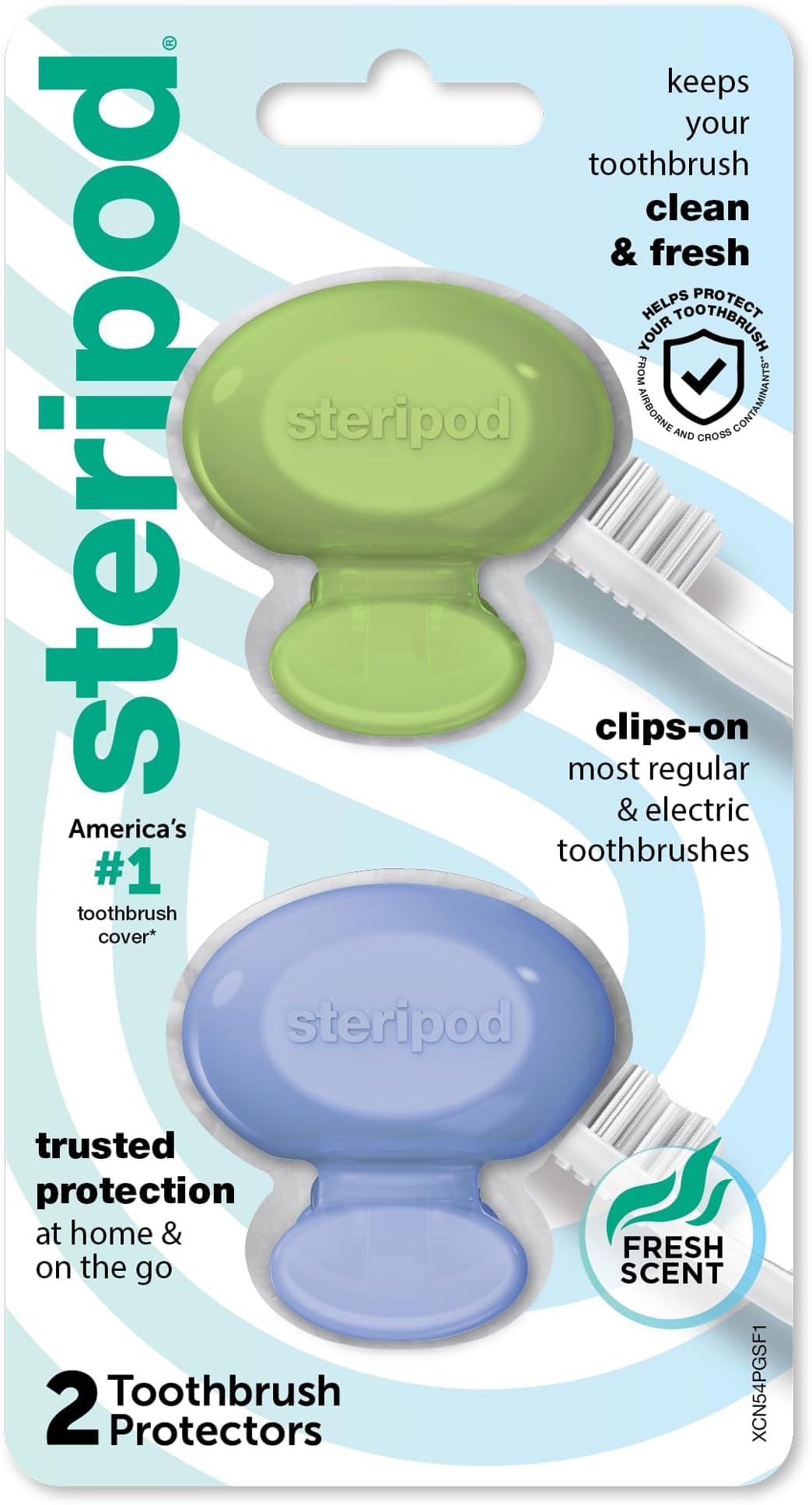 Steripod Clip-On Toothbrush Protector,Green and Blue,2 Count (Pack of 12)