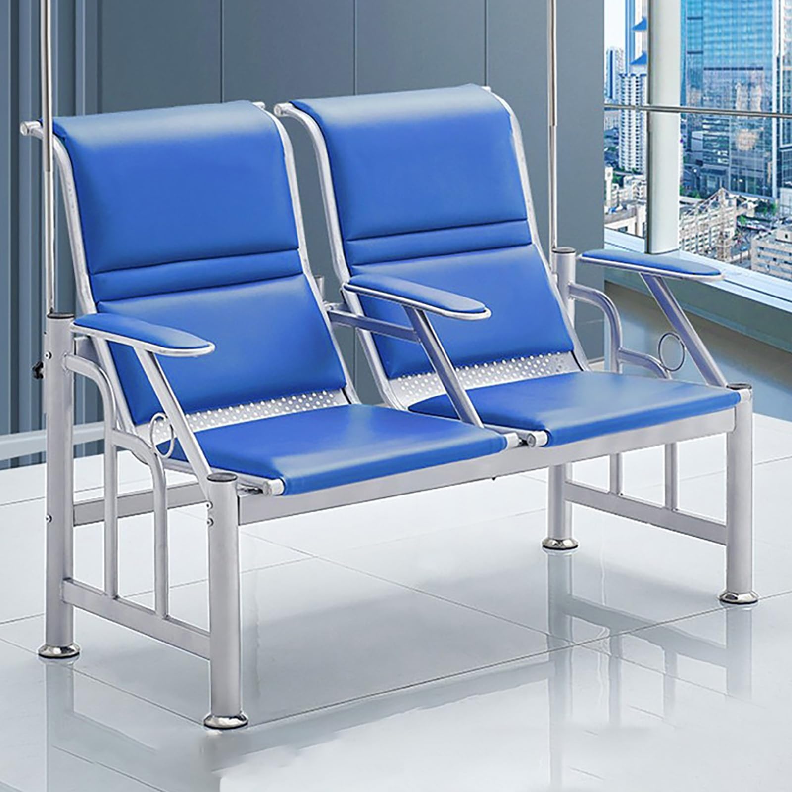 WDSOPK Waiting Room Chairs,3-Seat Leather Waiting Room Bench with Armrests & IV Stand, Phlebotomy Chair for Lobby & Comfortable Reception Chairs(Blue-2-Seat)