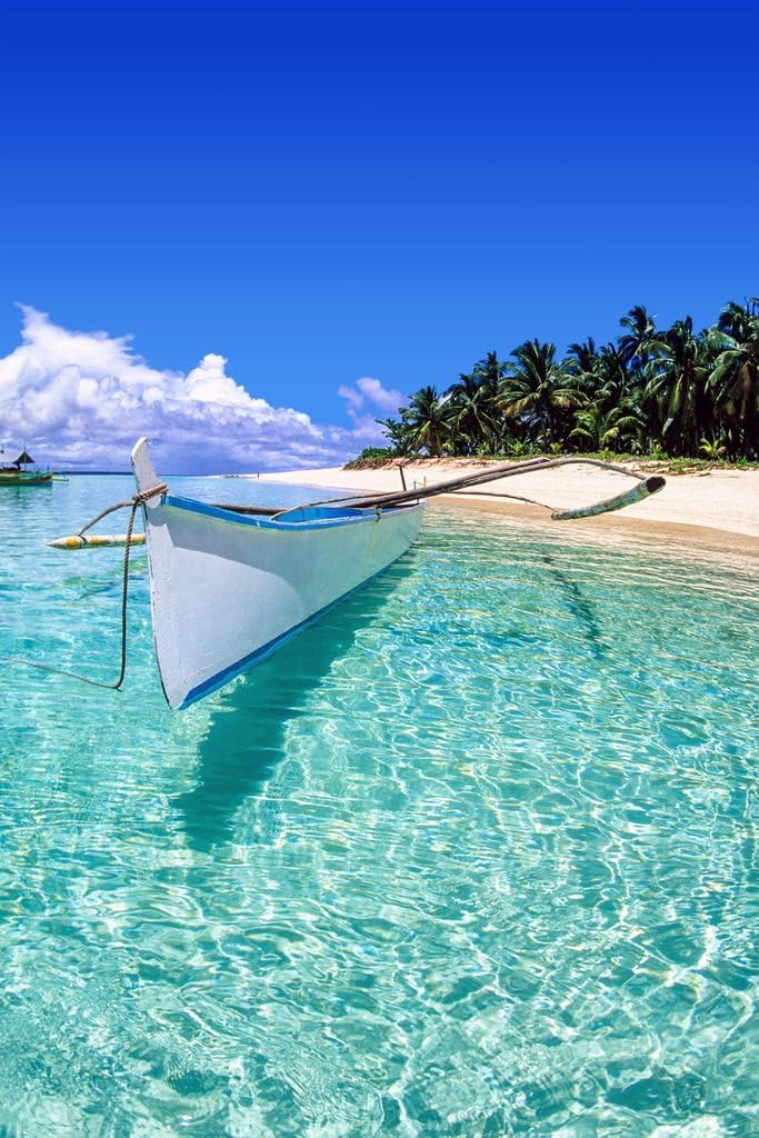 Boat and Beach on Dako Island Philippines Poster Photo Photograph Sunset Palm Landscape Pictures Ocean Scenic Scenery Tropical Nature Photography Paradise Cool Wall Art Print Poster 12x18