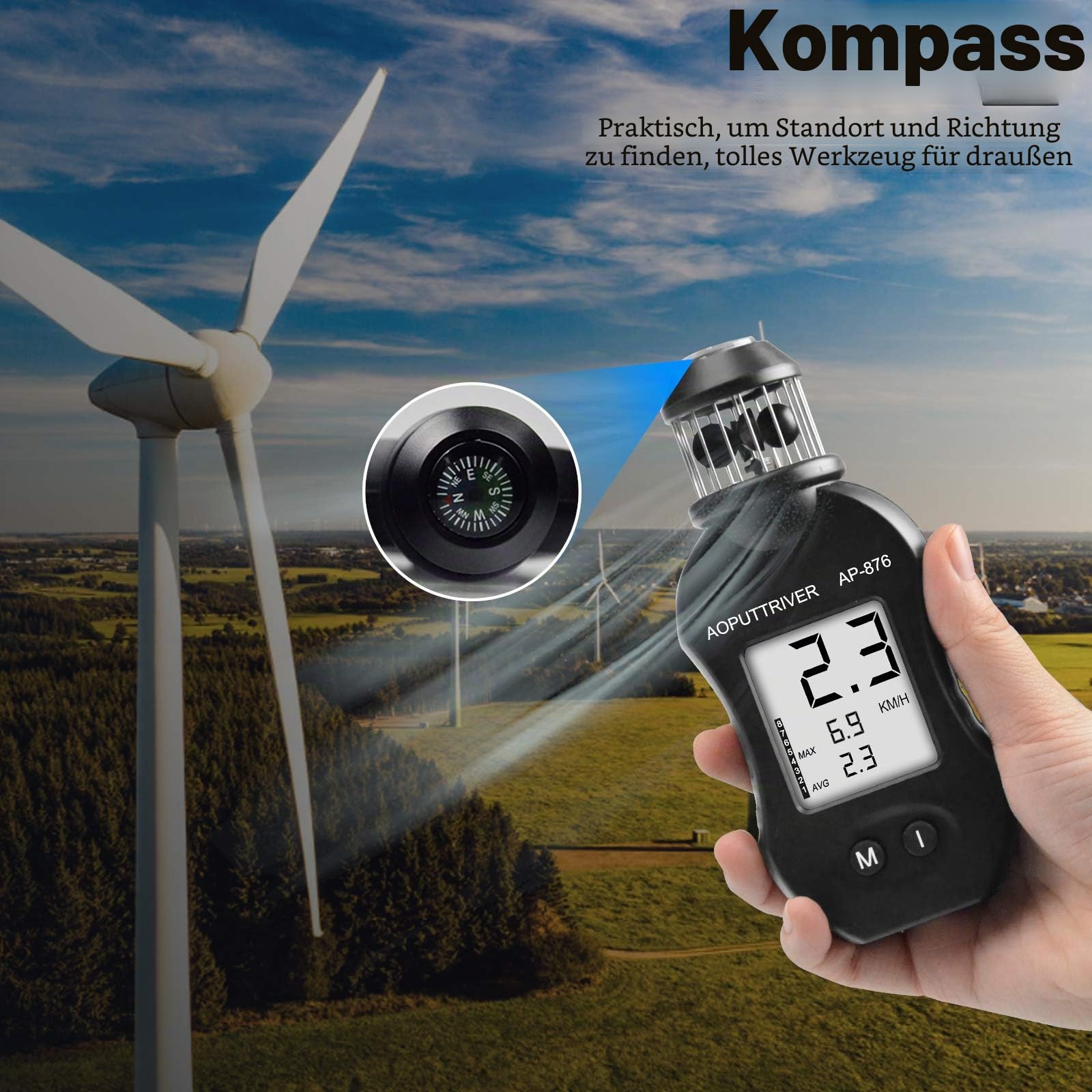 Windmesser Handheld AP-876 Windmessgerät Windgeschwindigkeitsmesser Messung der Luftgeschwindigkeit Luftvolumen für HLK, Bootssegeln, Schießen Kommt mit Stativgewinde + Batterie + Kompass