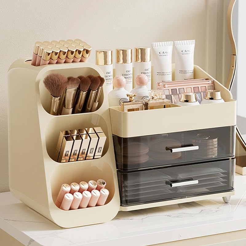 Organizador de maquiagem Aveniee com gavetas, 10 compartimentos, plástico ABS, Creme