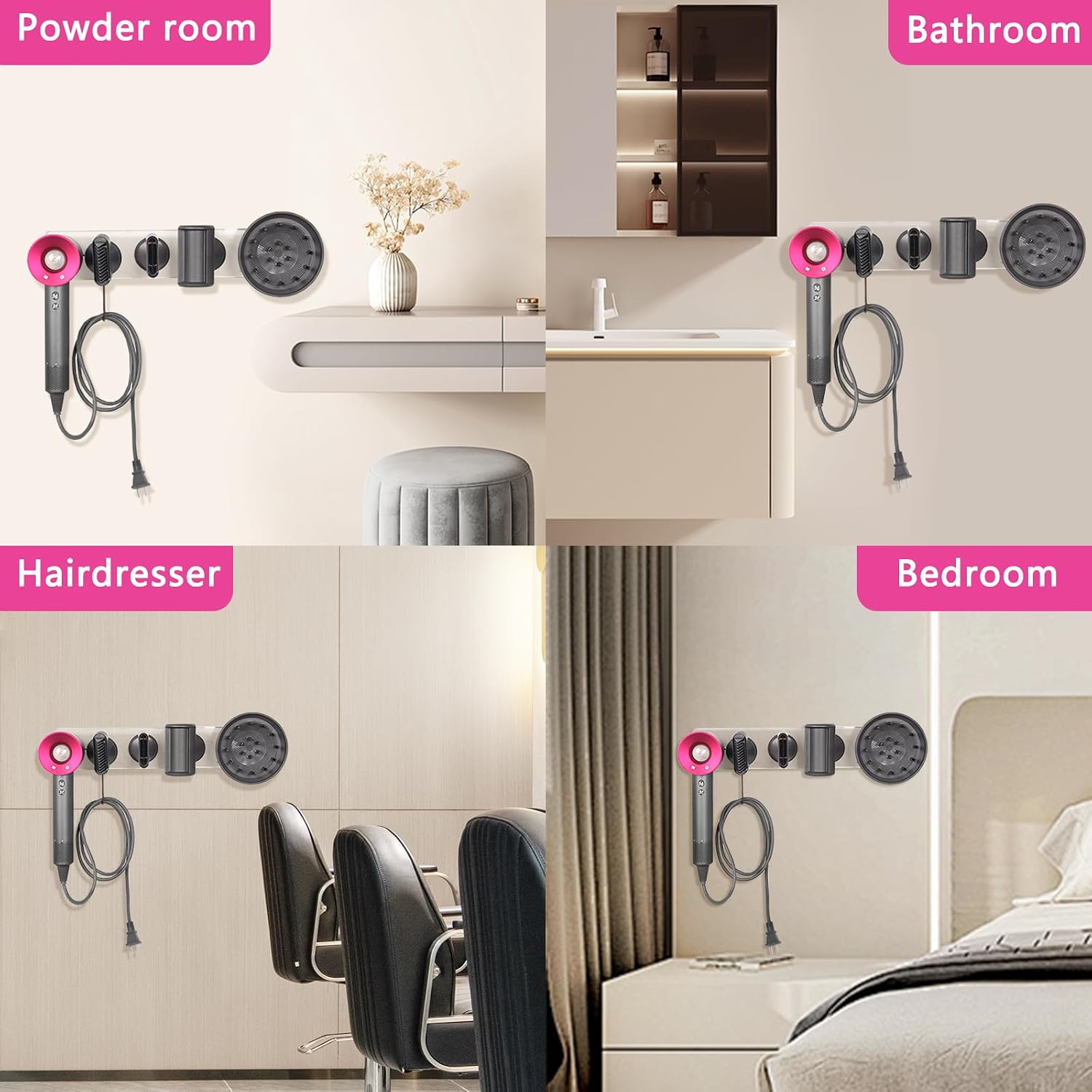 Wall Mount Hair Dryer Holder Compatible with Dyson Supersonic, Hair dryer holder, Acrylic Attachments Organizer with Hooks for Accessories Nozzles, Wide-Tooth Comb, Diffuser (Transparent)