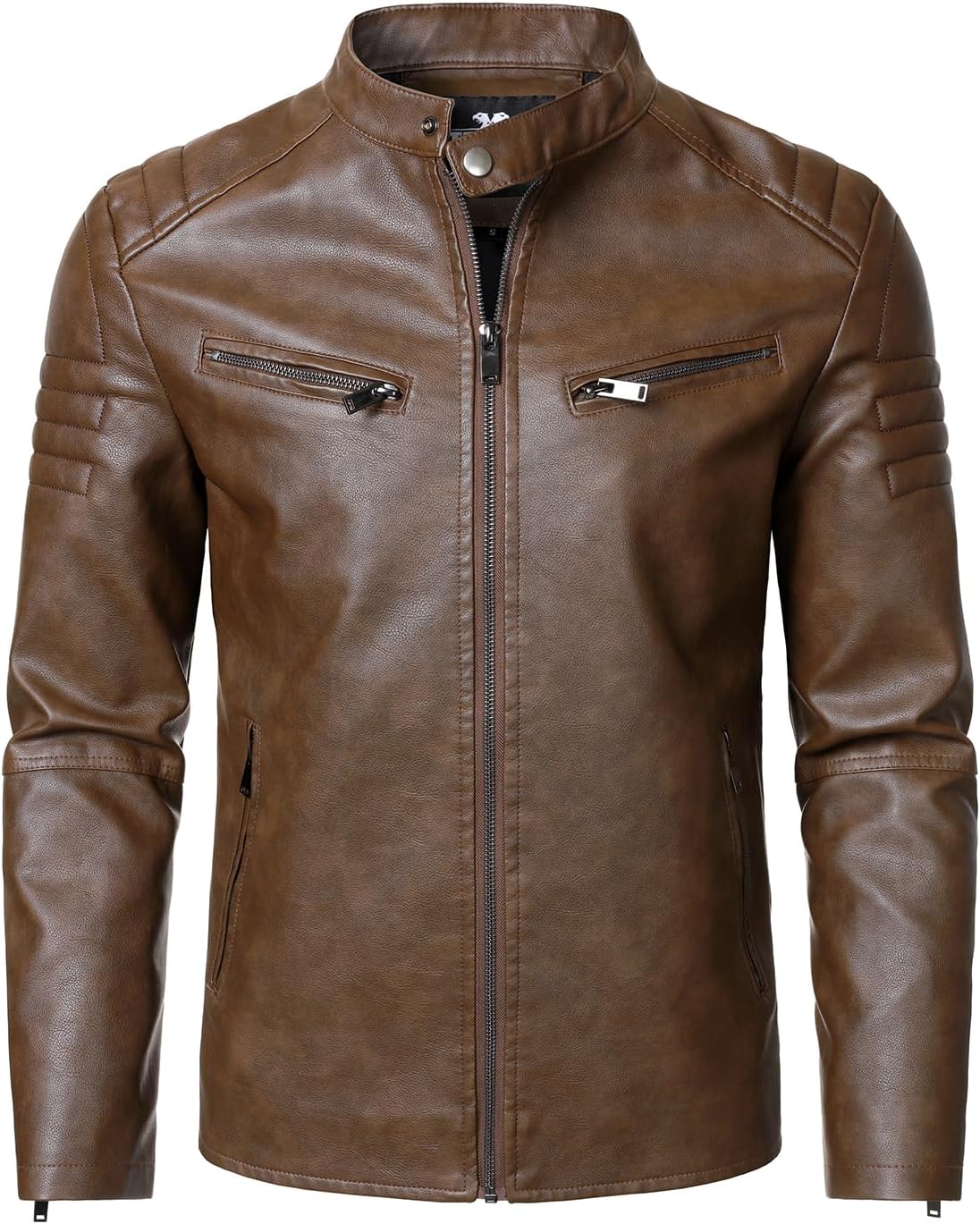 HOOD CREW Men’s Faux Leather Motorcycle Jackets Stand-up Collar Leather Jacket Vintage Coats Outwear - Image 2