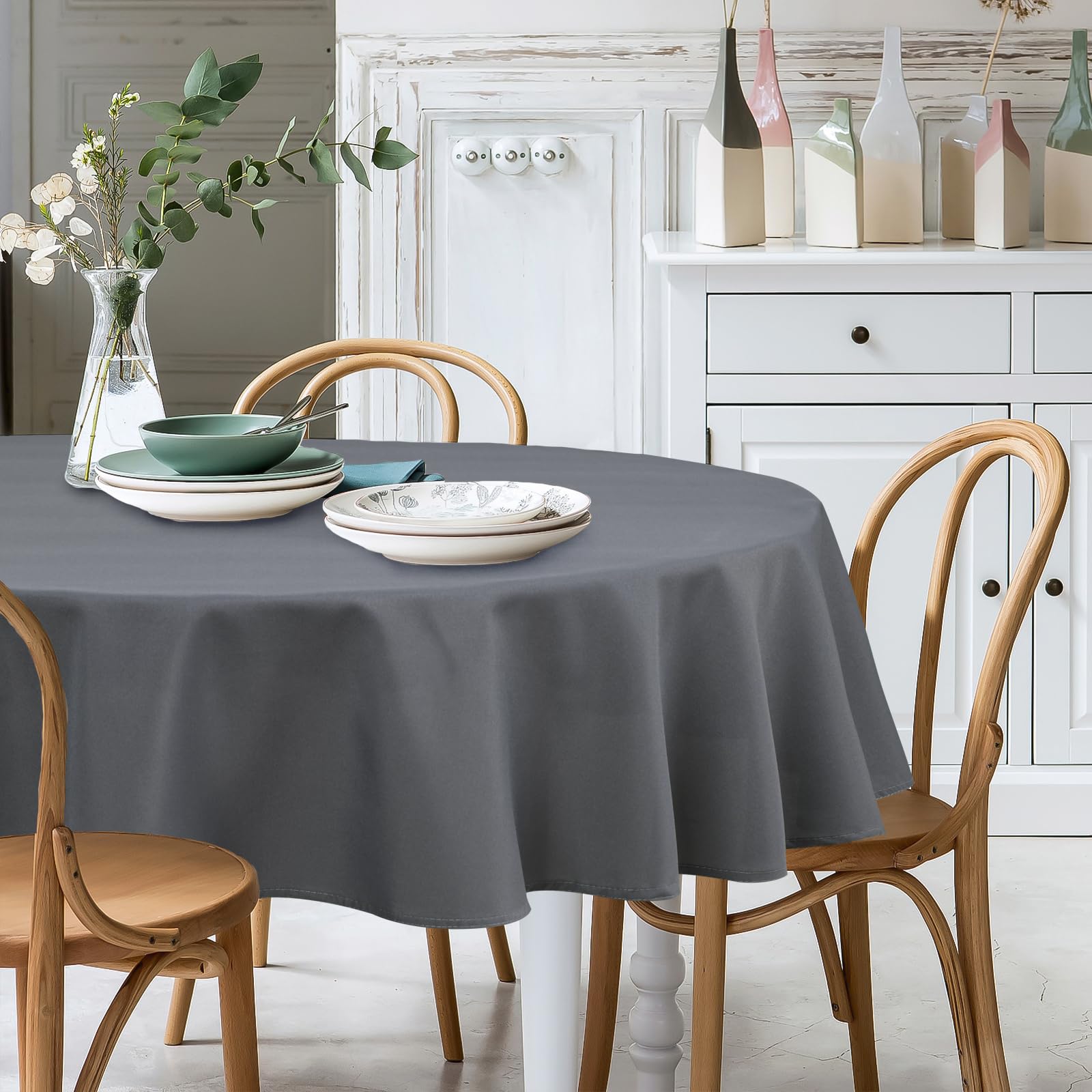 XWZO Round Tablecloth 70 Inch Polyester Table Cloth, Round Table Cover Waterproof Wipe Clean Spillproof for Kitchen Dining Wedding Outdoor Picnic Buffet Party, Grey