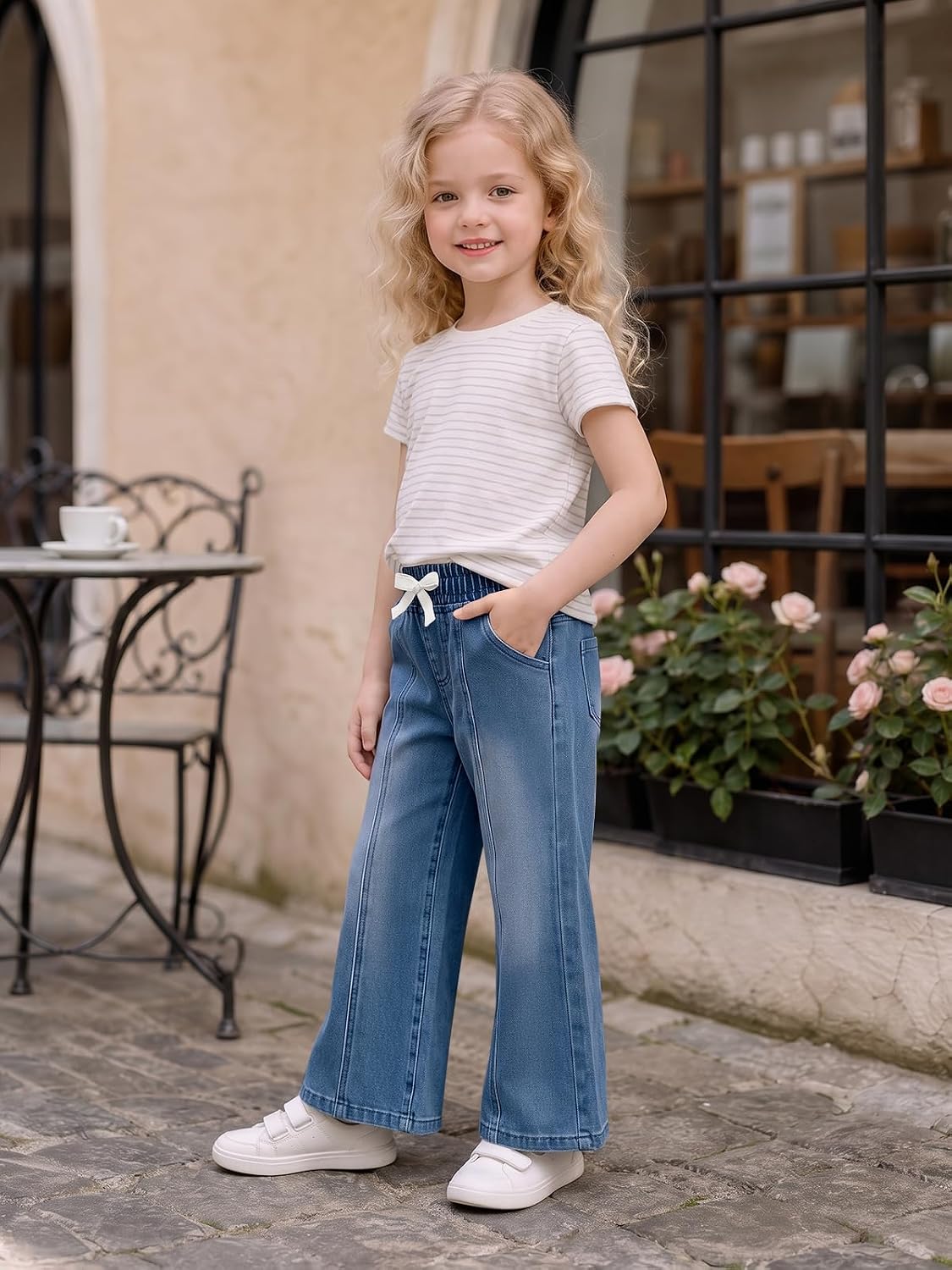 Haloumoning Toddler Baby Girl Wide Leg Jeans Baggy Denim Pants with Pockets image 3