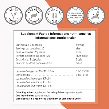Supersmart L. Gasseri & SlimBiotics (Advanced Formula) - Probiotic Supplement with Lactobacillus Gasseri & SlimBiotics | Non-GMO & Gluten-Free - 60 Gastro-Resistant Capsules