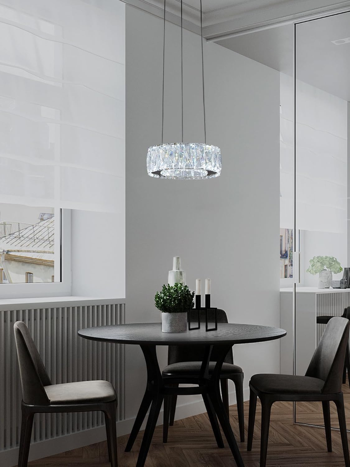 Modern LED Dimmable Crystal Chandelier 8" Ring Black Pendant Light Fixtures for Kitchen Island Dining Room Living Room