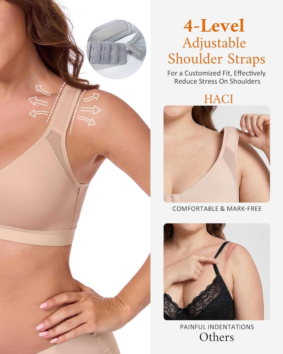 HACI Women's Front Closure Posture Bra Back Support Full Coverage Wirefree Padded Everyday