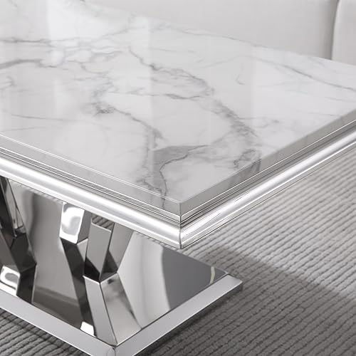 Miniatura 5 de SSLine Mesa de Centro Rectangular de Mármol Sintético para Sala de Estar, Mesa Central Moderna de Mármol Blanco de Lujo con Base de Diamante Mesa de