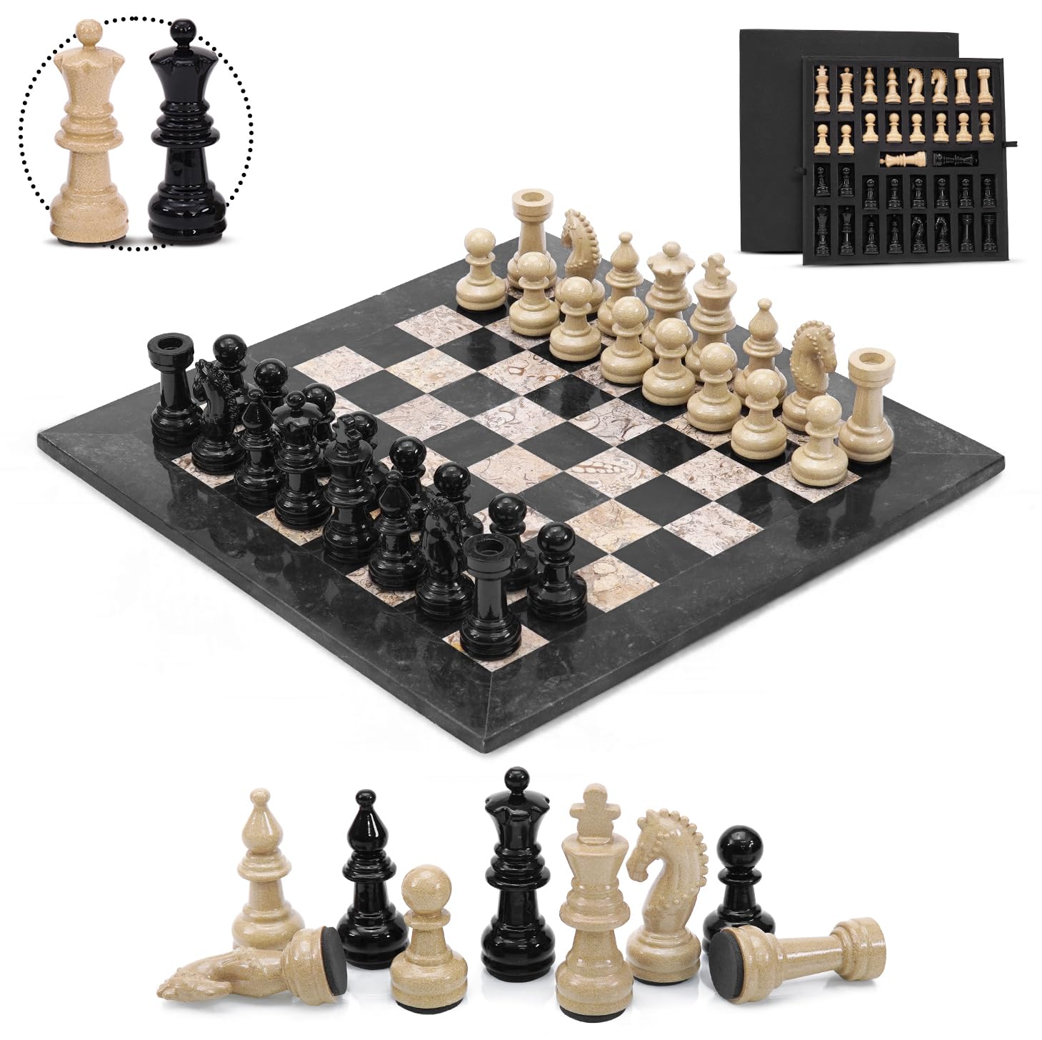 MARBLOUS KRAFTS Zestaw szachów marmurowych 38,1 cm, czarno-koralową szachownica, z 32 metalowymi figurami szachowymi, 2 dodatkowymi hetmanami i pudełkiem do przechowywania