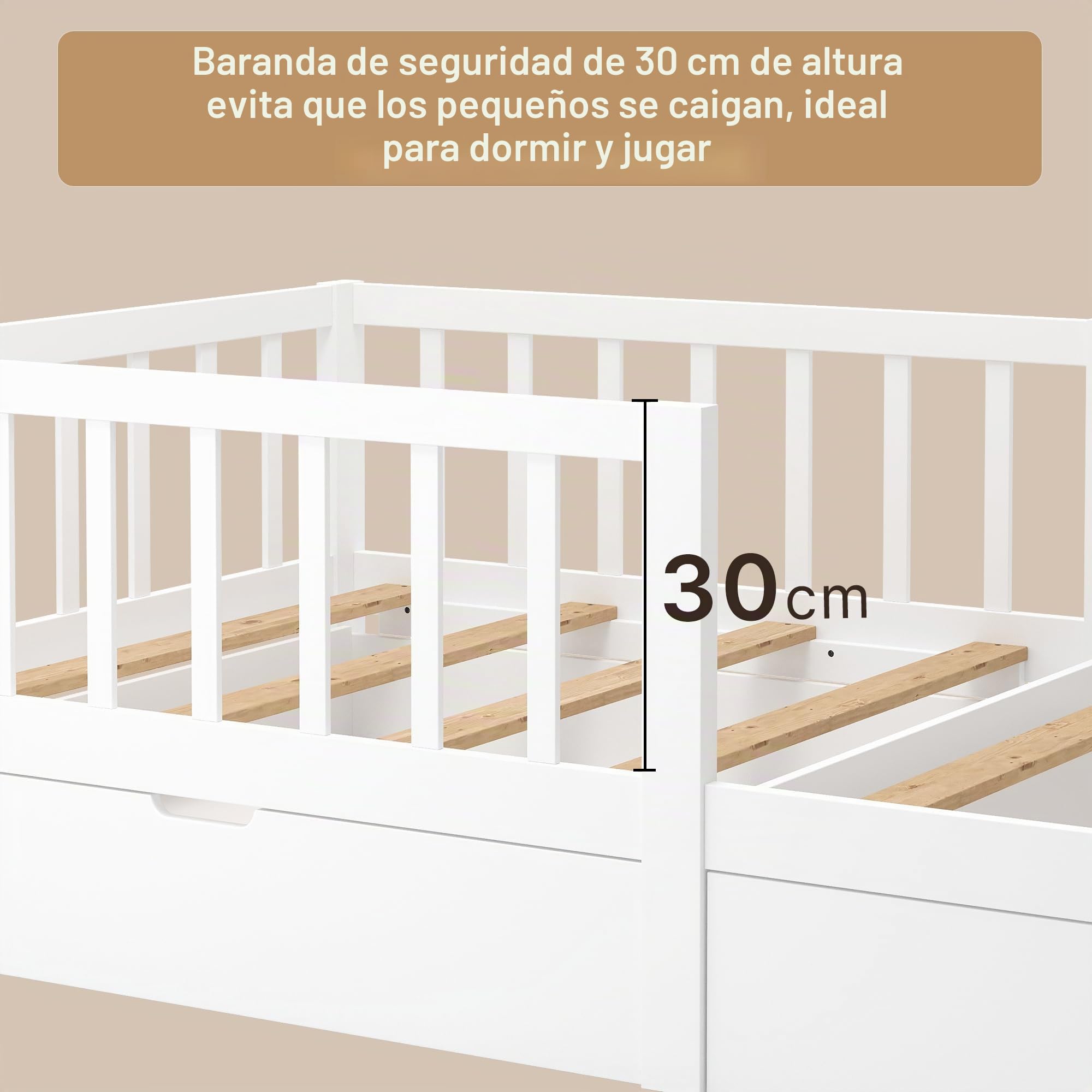 Xbro Cama Infantil 100x200 cm, con Cajones, Barandilla Anti-Caída Completa, Somier Incluido, para Niños y Niñas, Montaje Sencillo, Blanco