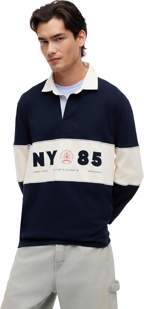 Jersey Tommy Jeans Rugby Algodón Manga Larga Hombre Ajuste Relajado Diseño Bloque Color
