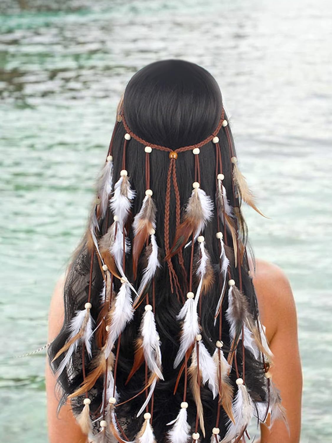 Miniatura 6 de Diadema gitana india, gangel, con plumas blancas y marrones, cuerda de cáñamo para festivales, disfraz hippie, plumas de pelo indio, accesorios de