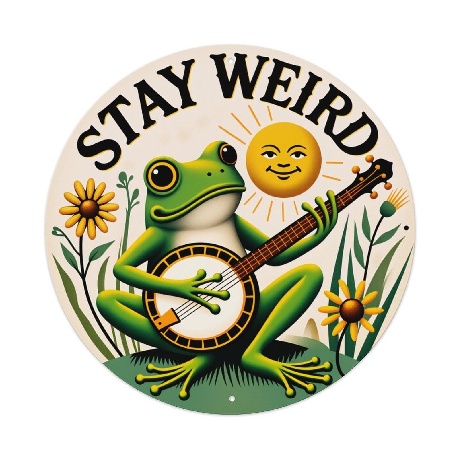 Frog Playing Banjo Sun Flowers Round Tin Sign Vintage Style Metal Sign Home Bar Garden Wall Plaque Decor Metal Poster 8x8 Inch
