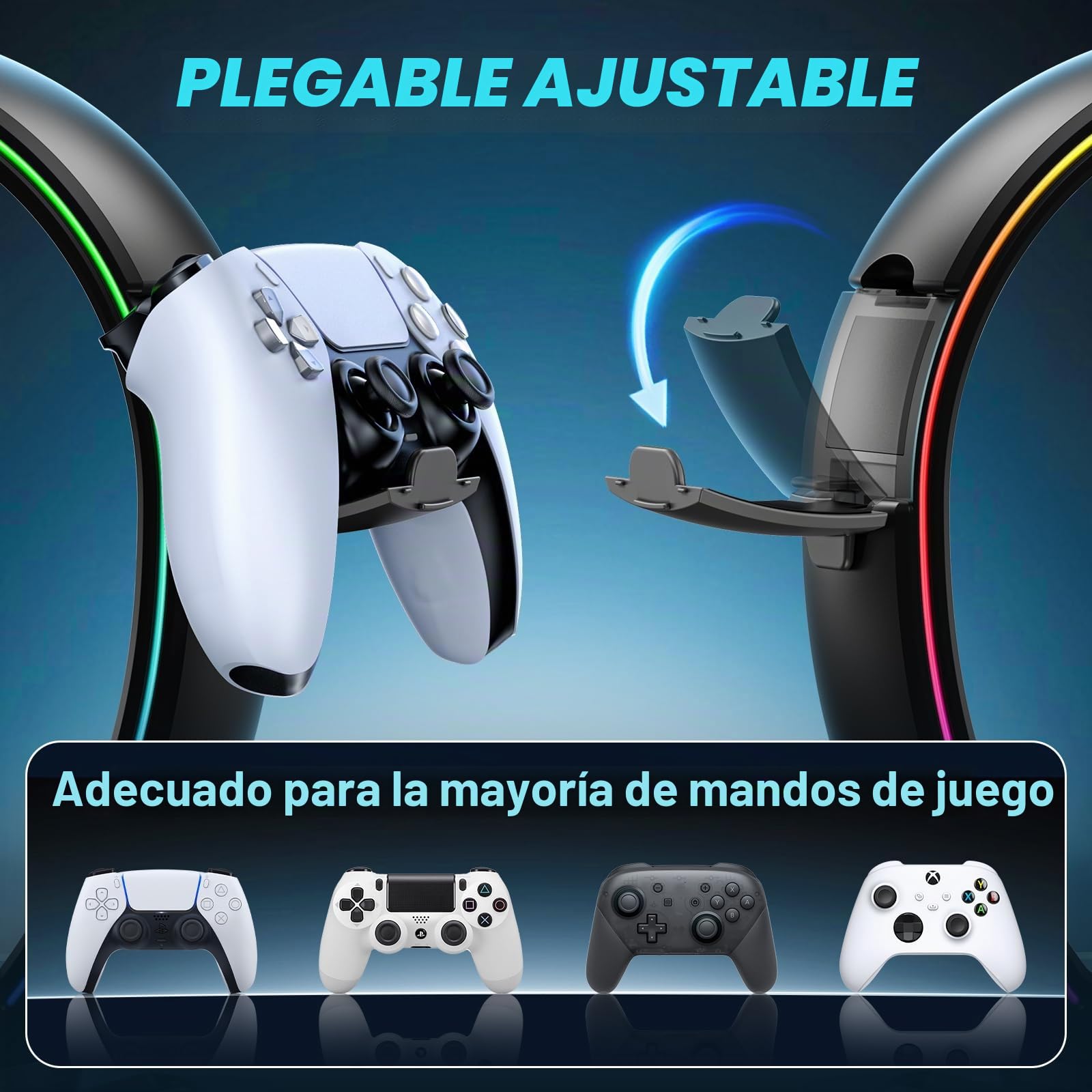 KDD LED Soporte Cascos Gaming con 9 Modos de Luz - Soporte Auriculares & Soporte Mando Plegable con Organizador de Cables - Cascos Porta Auriculares Mesa para Escritorio Gamer Accesorios Gaming PC