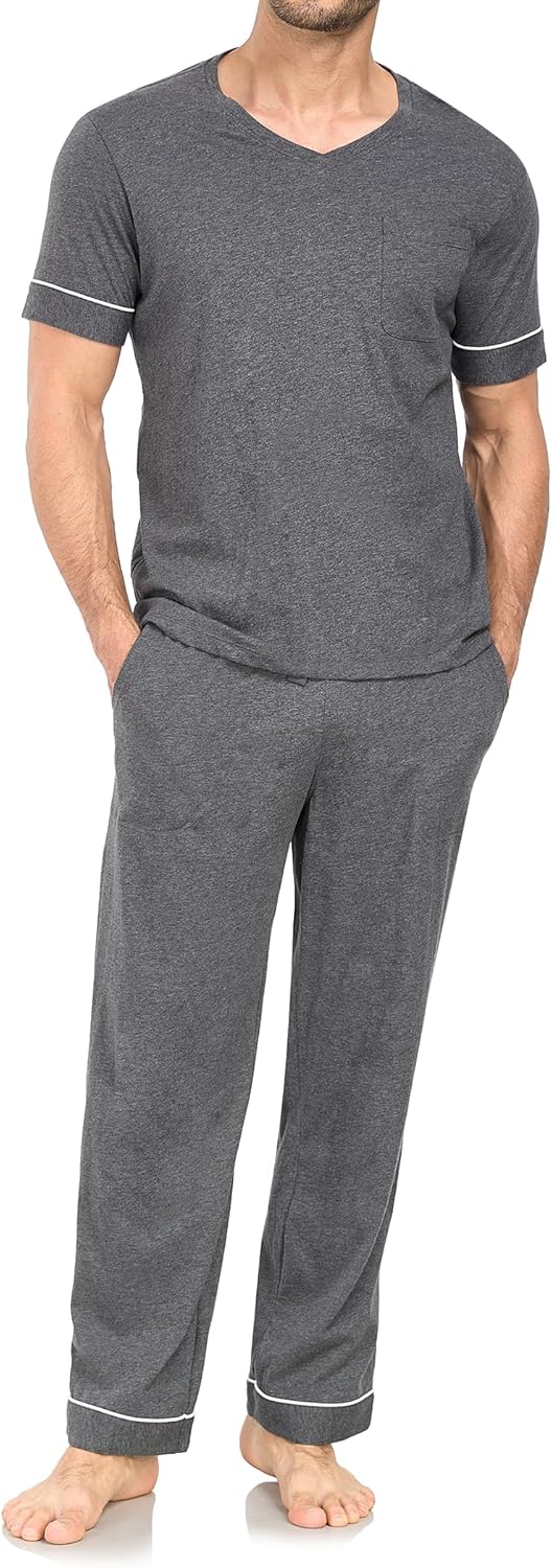 COLORFULLEAF Men's Pajama Sets Comfy Sleepwear Short Sleeve Pjs Set Nightwear Cotton Pajamas for Men with Pockets