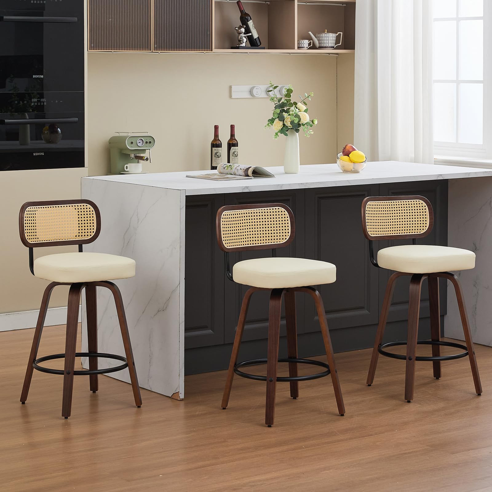 Lot de 3 Tabourets de Bar Pivotants, Assise 65 cm, Dossier en Rotin, Beige