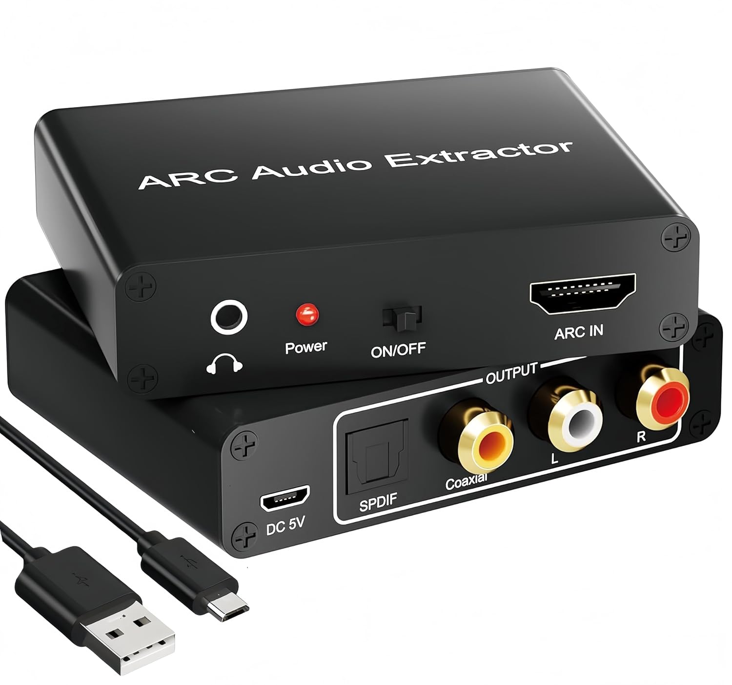 HDMI ARC Audio Extractor Converter, 192KHz ARC Audio Adapter Output Optical SPDIF/Coaxial/RCA and 3.5mm Jack Stereo Extractor for HDTV Link to Soundbar, Home Amplifier, Speaker ect