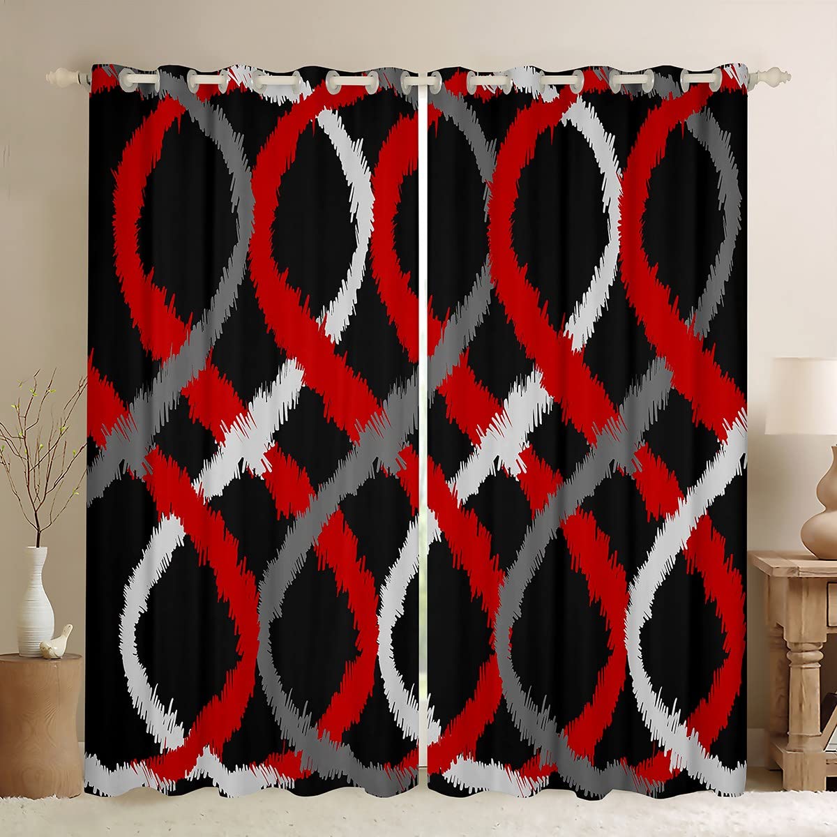 Homemissing Boys Multicolored 13211 Red Grey And Black Window Curtains Two-Tone Waves Geometric Blackout Curtains Retro Stripe Line Art Darkening Dreapes Modern Abstract Art Window Treatments W46*L54