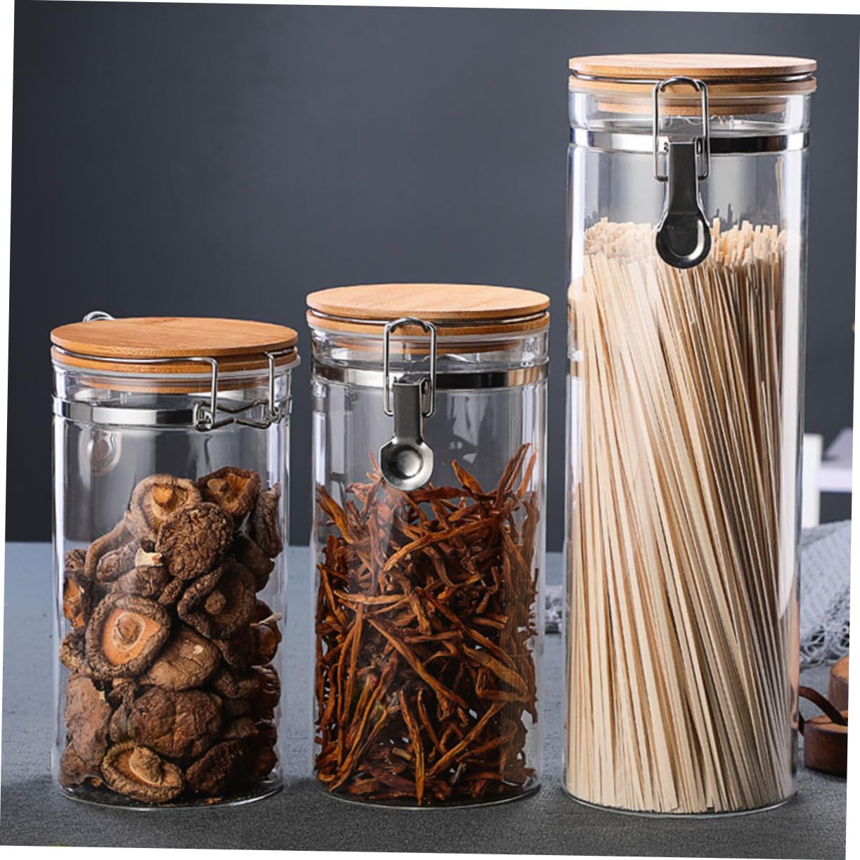 GLEAVI Tarros de Cocina Herméticos 1280ml y 1140ml de Vidrio y Acero Inoxidable Tapa Sellada, Contenedores para Alimentos Secos para Despensa y Organización de Cocina, Set de 2 Piezas