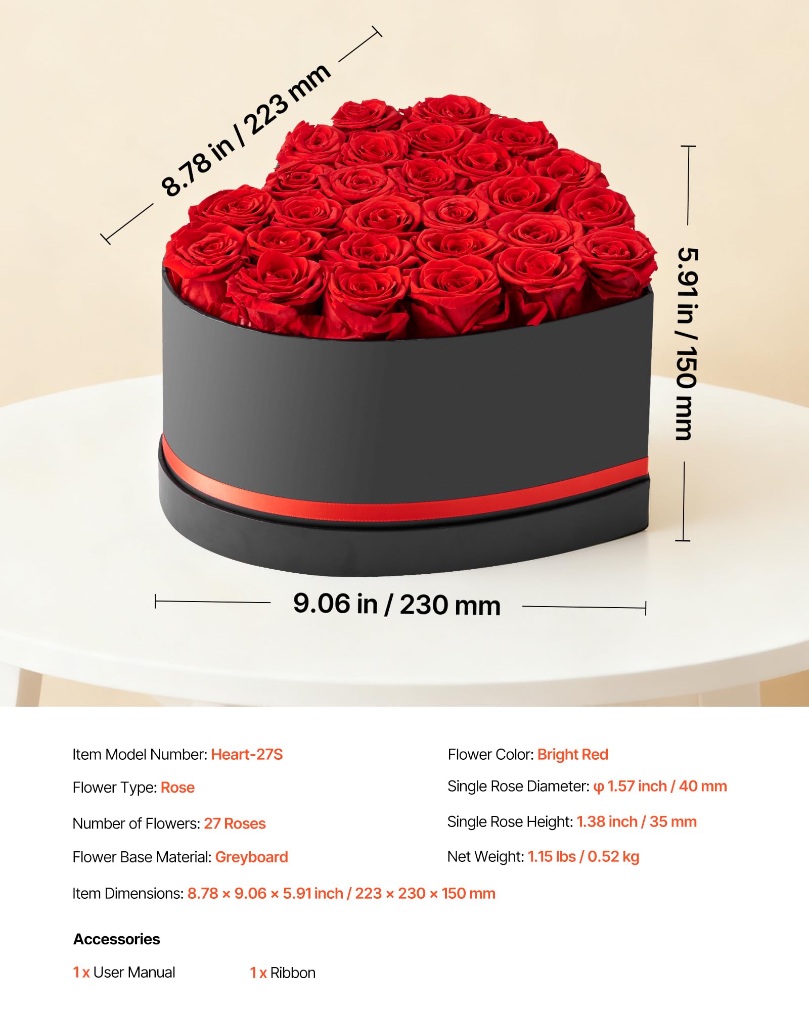 VEVOR 27 Rosas Eternas en Caja con Forma de Corazón, Ramo de Flores Preservadas, Caja de Regalo de Flores para tu Esposa, Madre, Pareja, para Boda, Día de la Madre, San Valentín, Navidad, Rojo