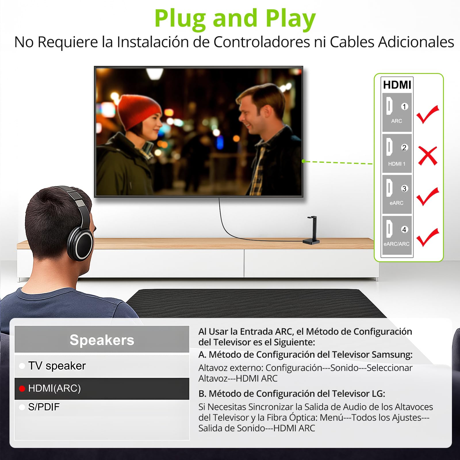 LiNKFOR Extractor de Audio HDMI eARC ARC,Cable HDMI a Óptico Toslink de 1.5m Compatible con PCM 2.0,Dolby 5.1 y DTS 5.1 para Sondbar y TV con Interfaz eARC ARC