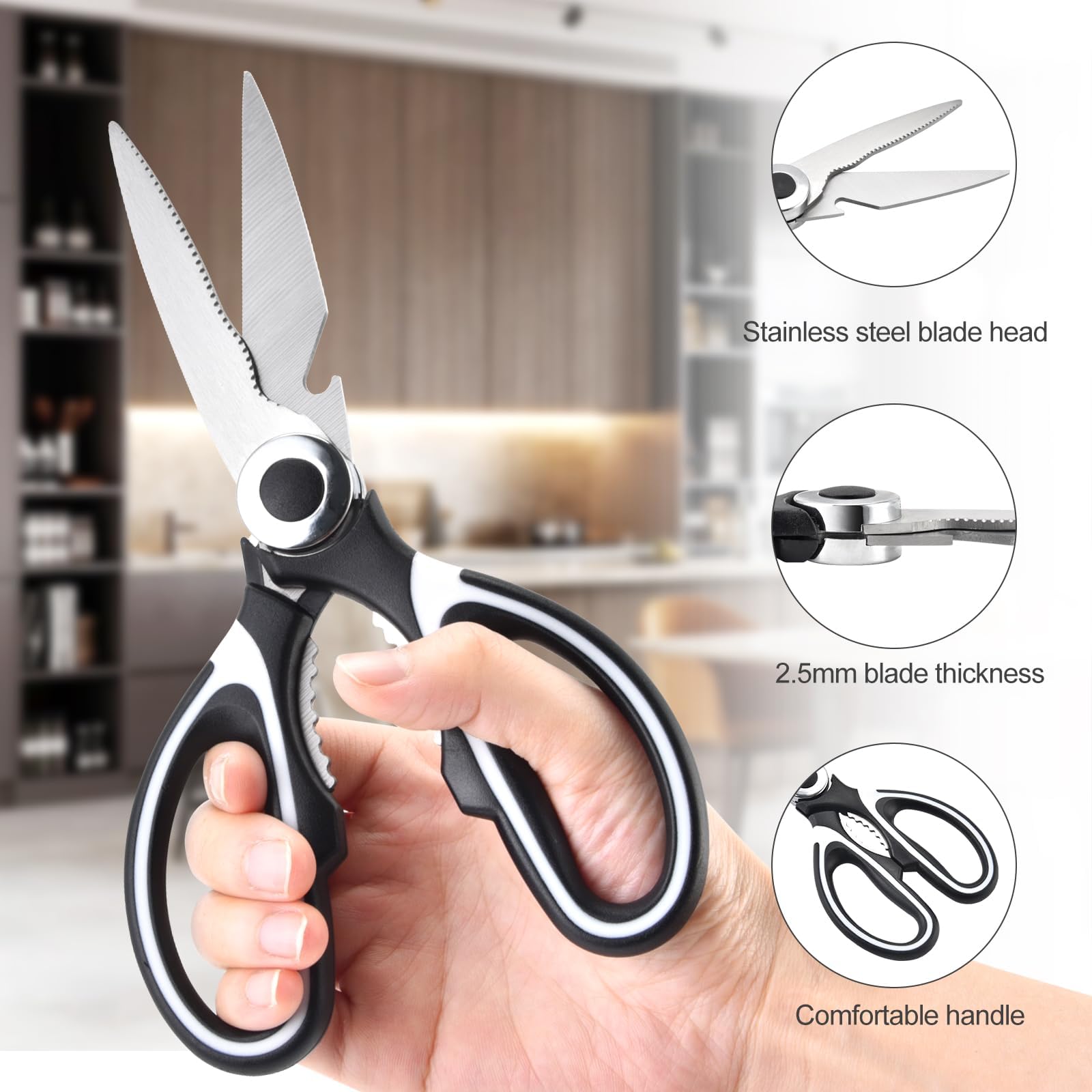 OMDAR Tijeras de cocina multiusos, 3 unidades, tijeras de cocina de acero inoxidable resistentes para cortar carne, alimentos, pescado, aves de corral, tijeras afiladas multiusos para lavavajillas
