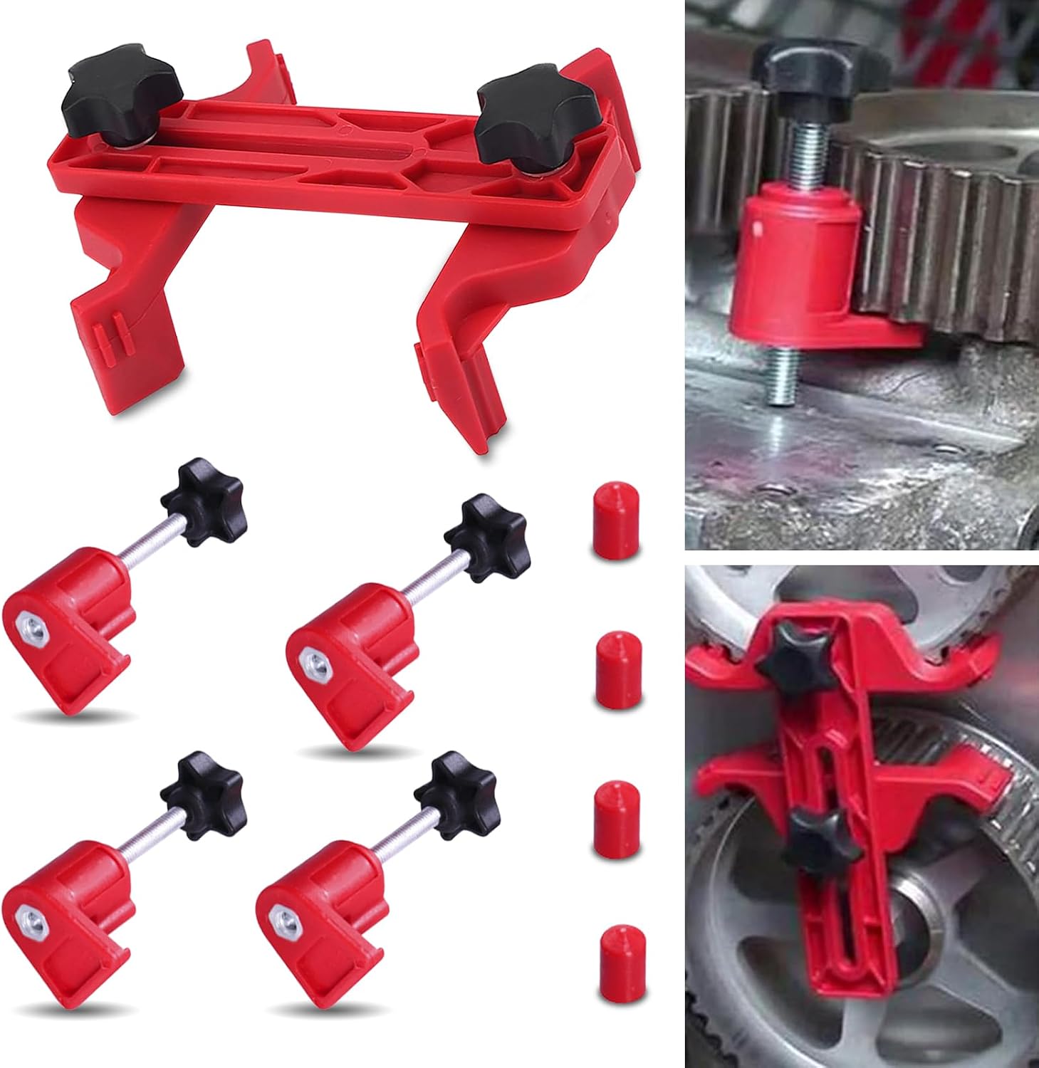 9 PCS Car Dual Cam Clamp Camshaft Kit, Car Anti Slip Dual Camshaft Clamp, Camshaft Engine Timing Sprocket Gear Locking Tool Kit, Universal for Car Accessories Tools (Red)