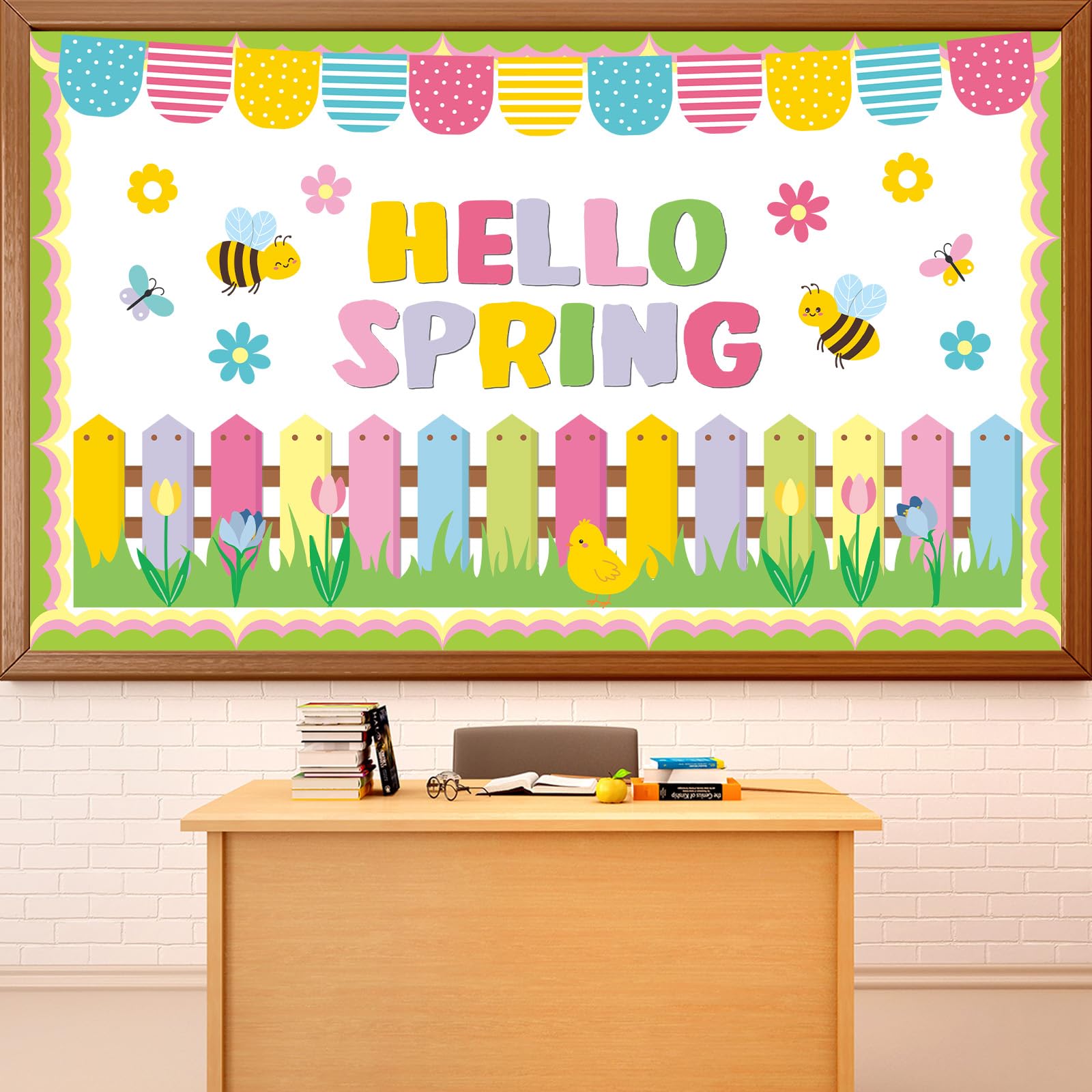 Hello Spring Bulletin Board Decorations Set Spring Classroom Decor Colorful Tulip Flowers Bee Butterfly Cute Paper Cutouts for School Classroom Office Home Nursery Chalkboard Wall Decor Party Supplies