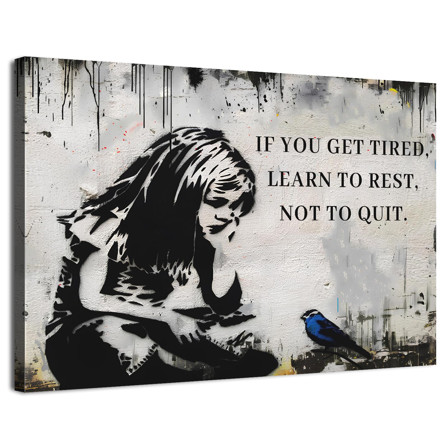 Banksy Canvas Wall Art Black and White Graffiti Street Pop Artwork Girl Canvas Prints Pictures If You Get Tired Learn to Rest Inspirational Quotes Wall Art for Living Room Bedroom Decorations 30x40cm