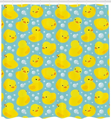 Miniatura 2 de Ambesonne Cortina de ducha de dibujos animados, diseño de pato y burbujas de goma feliz, juego de decoración de baño de tela con ganchos, 69