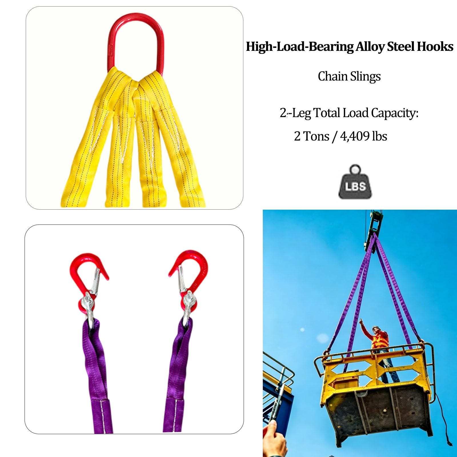 Hochbelastbares 2-strängiges Gurtgehänge, Set aus Polyester-Hebegurten, 4409 lbs Tragfähigkeit, Anschlagmittel für Industrie und Bauwesen(2 tons,2.5m)