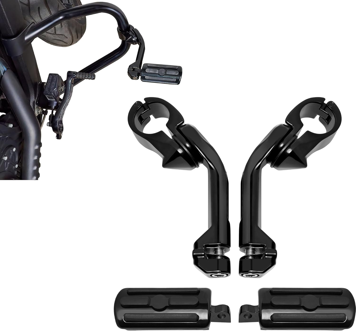 1-1/4 in Highway Footpegs Long Angled Adjustable Highway Pegs fits 1.25'' 32mm Engine Guard for Harley Touring Street Glide Electra Glide Road King Softail CVO Dyna Sportster (Black C06, LONG)