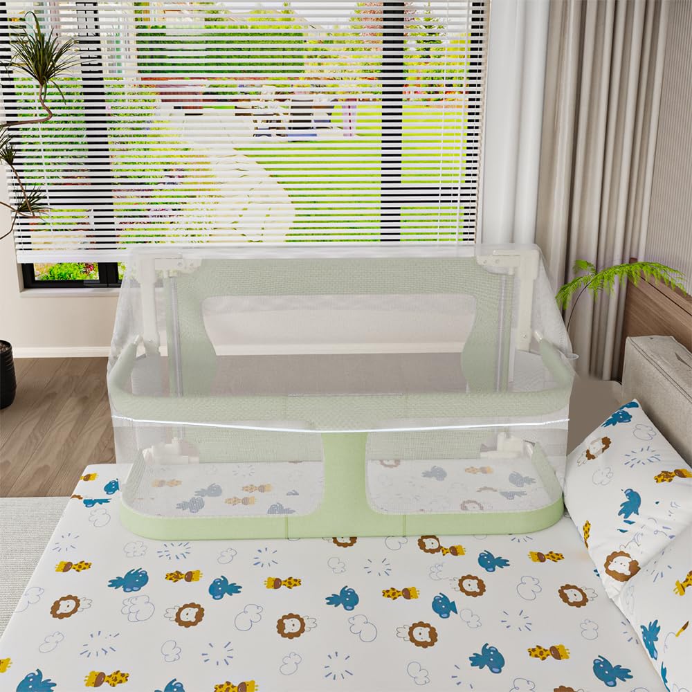 LANTUS Sponda Letto Bambini 2 in 1 Sbarra Letto Barriera Lettino o Cododo Lettino per Viaggi o Vacanze, Facile da Trasportare,120 * 50 * 105 cm (Verde menta)