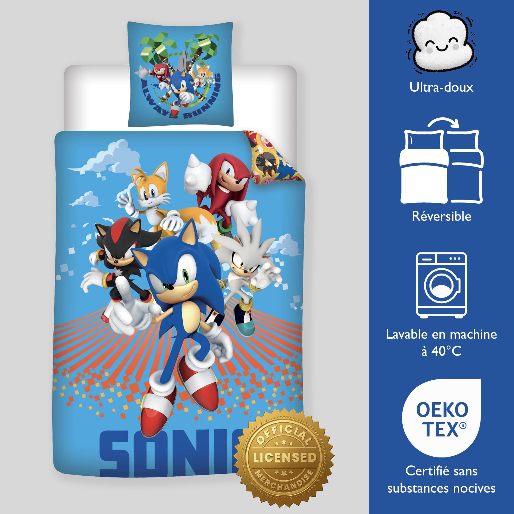 Sonic Le Hérisson Bleu Housse de Couette 140x200 + Taie 63x63 Polyester | Parure de lit qualité supérieure | Polyester Oeko-Tex | SEGA officiel | Garçon | Cadeau | Lavable en machine