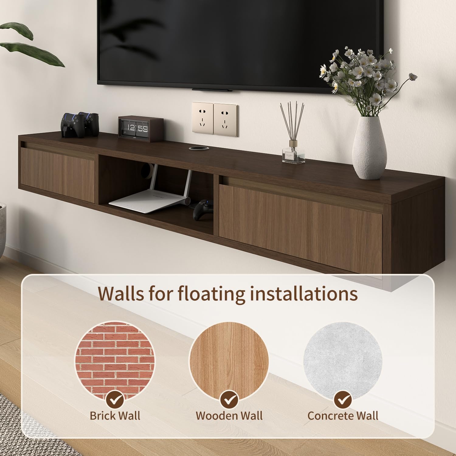 47 in Floating TV Stand Floating Tv Console for Tvs Up to 32/65 Inch Entertainment Center for Wall with 2 Flip-Down Cabinet Doors for Bedroom Living Room,Walnut+Natrural 47 IN Walnut+natrural