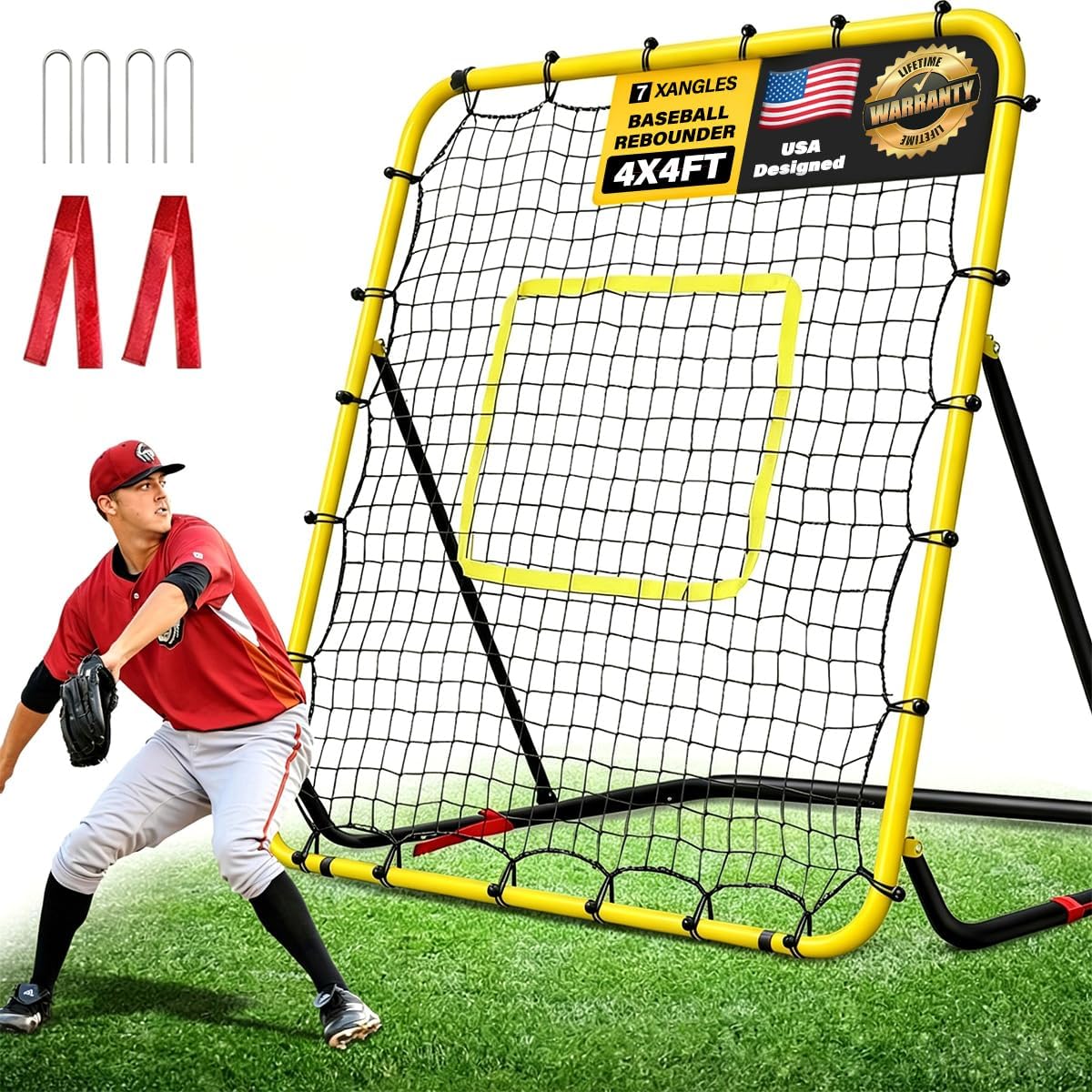 Durable Baseball Rebounder Net, 4x4 Ft Foldable Baseball and Softball Bounce Back Net with 7 Angles, Easy-Adjust Pitchback Trainer Rebound Net