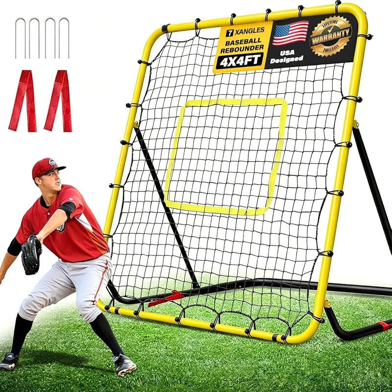 Durable Baseball Rebounder Net, 4x4 Ft Foldable Baseball and Softball Bounce Back Net with 7 Angles, Easy-Adjust Pitchback Trainer Rebound Net