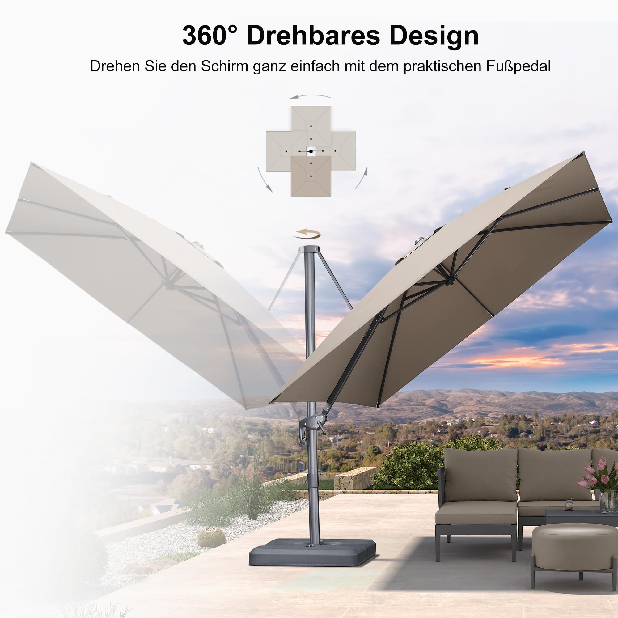 PURPLE LEAF Ampelschirm 300 × 300 cm Alu Acrylimitat UV 50+, Asch Mokka | 360° Drehbar, 6-Fach Neigbar Rundum Schatten, Verstärkter Mast, Leichtgängige Alu-Kurbel, Sonnenschirm Hohe Stabilität Robust