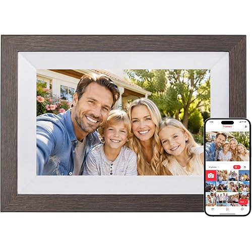 Frameo Digital Picture Frame WiFi 10.1inches Digital Photo Frame, Electronic Photo Frame Load from Phone, 1280x800 IPS Touch Screen HD Display, Auto-Rotate, Share Photos/Video-Great Gift(Brown Wood)