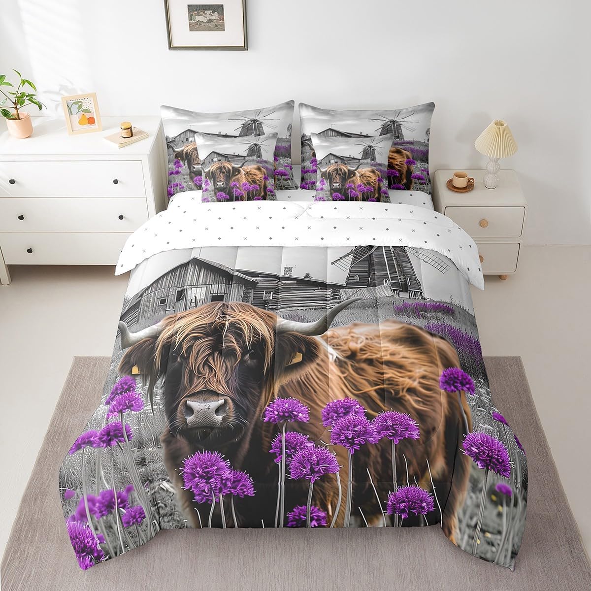 Highland Cow Farm Animals Queen Comforter Set 7 Pieces,Bed in a Bag Queen,Garden Windmill Decor Farmhouse Bedding Set with Retro Rustic Lodge Cabin Cottage Comforter,Flat Sheet,Fitted Sheets