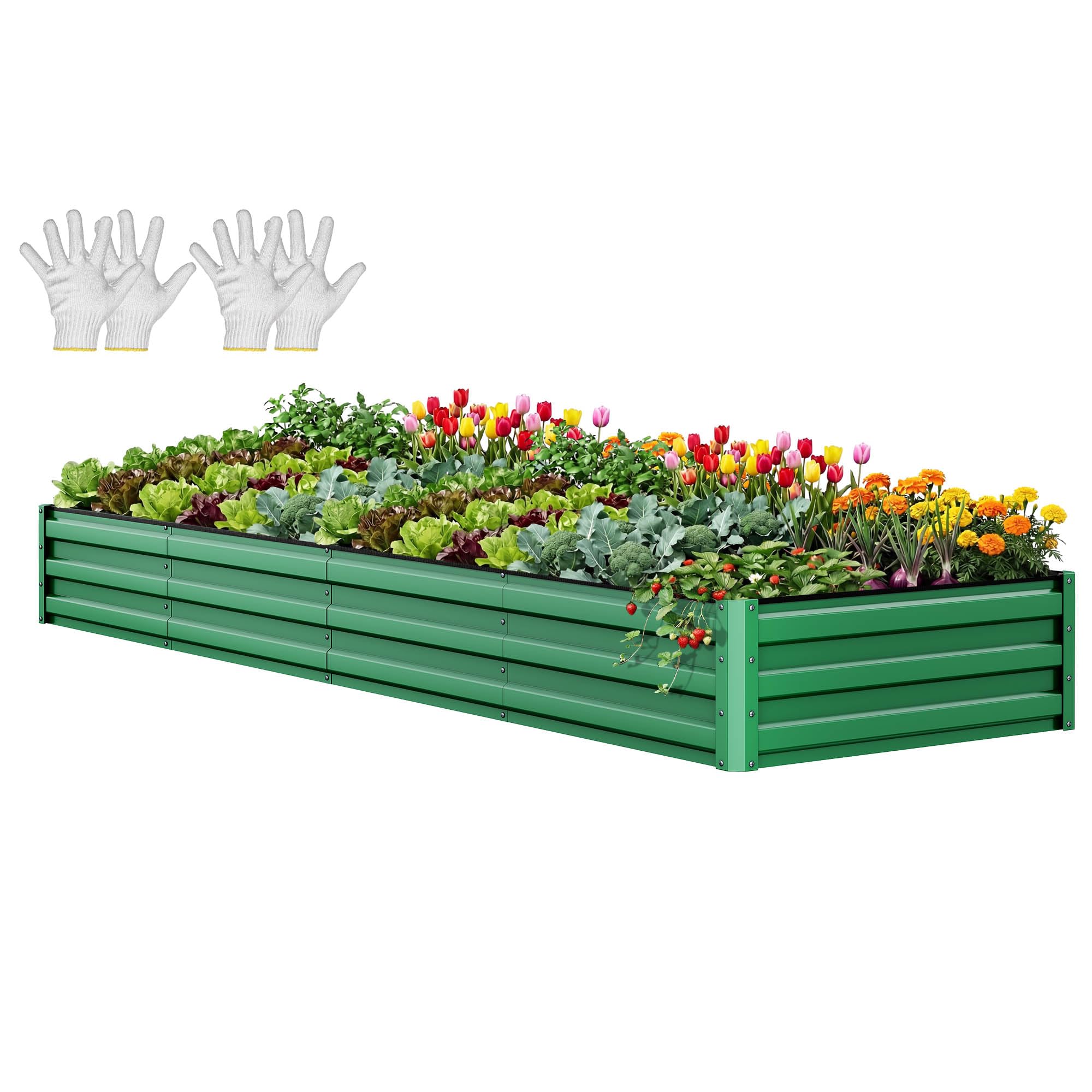 YITAHOME 12x4x1ft Large Raised Garden Bed Kit, Galvanized Metal Planter Box with Gloves, Ground Nails, Support Rod, Outdoor Above Ground Planters for Plants Vegetables Flowers, Green Green 12x4x1ft