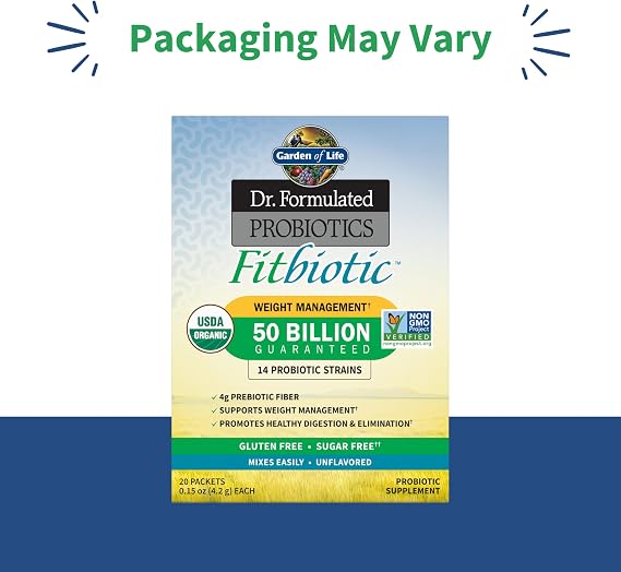 Garden of Life Dr. Formulated Fitbiotic Probiotics Weight Management Powder with 50 Billion CFU & Prebiotic Fiber Organic, Non-GMO, Digestion Support, Gut Health, 20 Packets