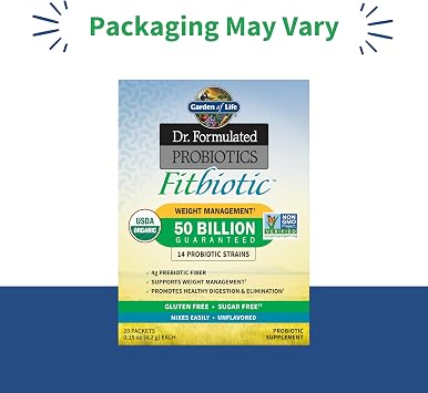 Garden of Life Dr. Formulated Fitbiotic Probiotics Weight Management Powder with 50 Billion CFU & Prebiotic Fiber Organic, Non-GMO, Digestion Support, Gut Health, 20 Packets