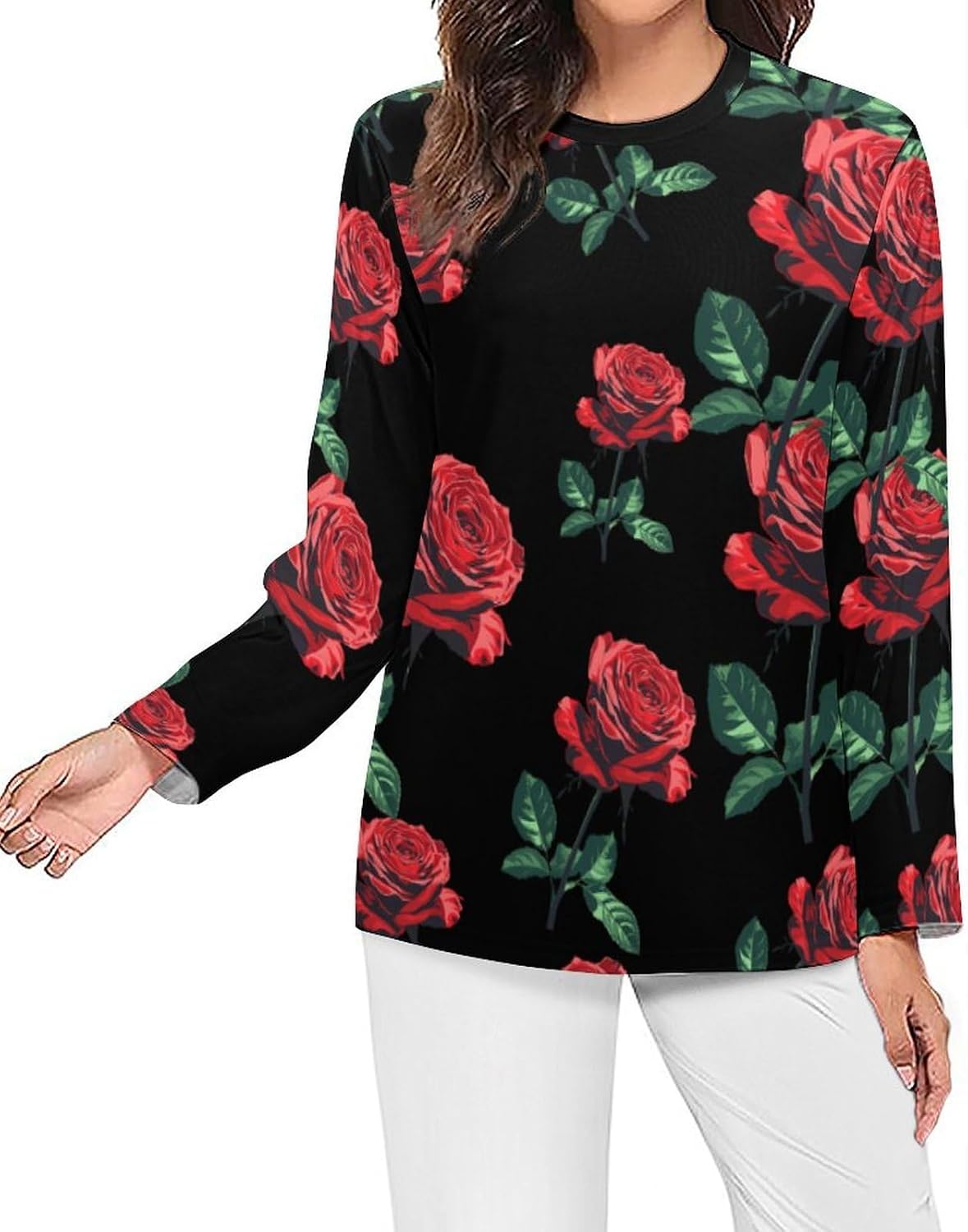 Beast Rose Beauty Women's Pajama Top Sleepwear Pajamas Sleep T-Shirt Long Sleeve Shirt Crewneck Tee